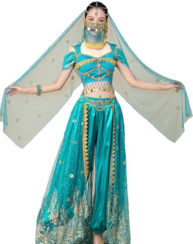 ORIDOOR Women's New Aladdin Jasmine Princess Belly dance Halloween Costume Set Belly Dance for Dress Up Party 5 Piece Outfit Medium Malachite Blue … … - Image 2