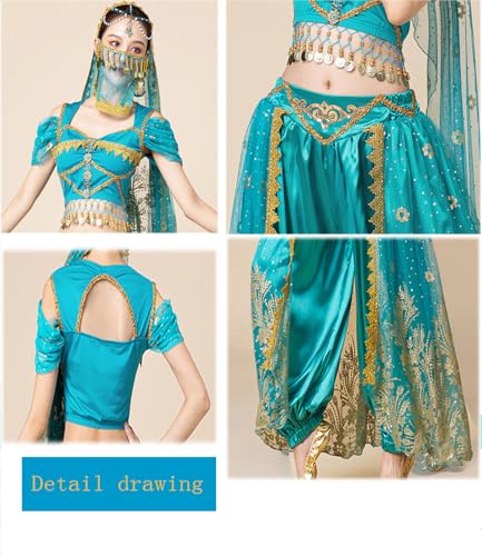 ORIDOOR Women's New Aladdin Jasmine Princess Belly dance Halloween Costume Set Belly Dance for Dress Up Party 5 Piece Outfit Medium Malachite Blue … … - Image 5