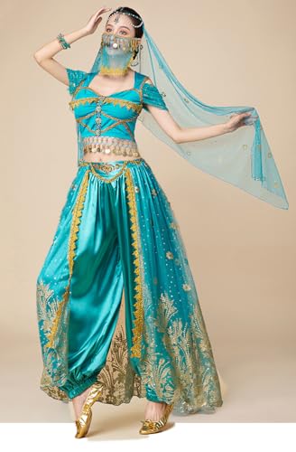 ORIDOOR Women's New Aladdin Jasmine Princess Belly dance Halloween Costume Set Belly Dance for Dress Up Party 5 Piece Outfit Medium Malachite Blue … … - Image 4