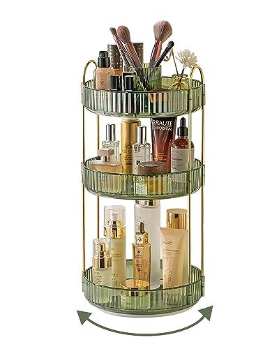 Asayuee 360 Rotating Makeup Organizer3 Tier Large Capacity Make Up Organizers and StorageSkincare Perfume Vanity OrganizersBathroom Cosmetics Storage Organizer Countertop Green - Image 1