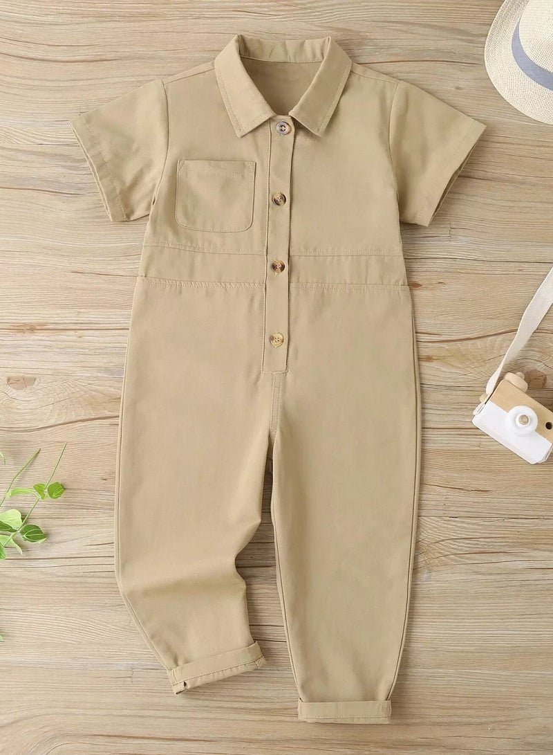 Toddler Boys Button Front Pocket Patched Shirt Jumpsuit - Image 1