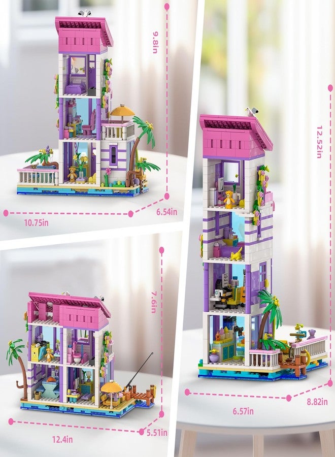 NEWABWN 3 in 1 Pink Beach House Building Set for Girls - 961 PCS Seaside Villa with Light, Compatible with Lego Friends Construction Toys, Creative STEM Birthday Gift for Kids Age 14+ and Up - Image 2