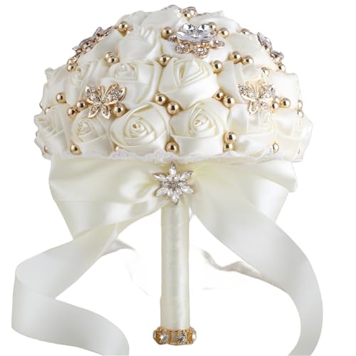 TUAGYMKR Bridal Wedding Bouquet for Bride Bridesmaid Wedding Quinceanera Throw Toss Artificial Rose Flower Bunch with Bling Brooch 66Ivory Mini Dia 6316cm - Image 1