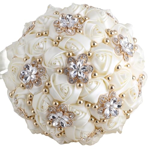 TUAGYMKR Bridal Wedding Bouquet for Bride Bridesmaid Wedding Quinceanera Throw Toss Artificial Rose Flower Bunch with Bling Brooch 66Ivory Mini Dia 6316cm - Image 3