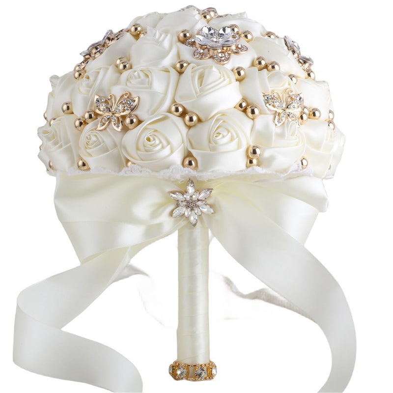 TUAGYMKR Bridal Wedding Bouquet for Bride Bridesmaid Wedding Quinceanera Throw Toss Artificial Rose Flower Bunch with Bling Brooch 66Ivory Mini Dia 6316cm - Image 2