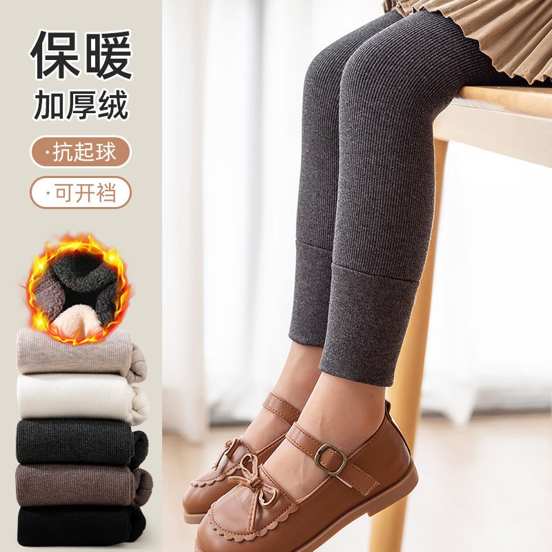 Girls' Winter Thickened Cropped Pants Korean Style Solid Color Thin Vertical Stripes Women'S Baby Plus Velvet Leggings Warm Outer Wear One-Piece Pants - Image 3