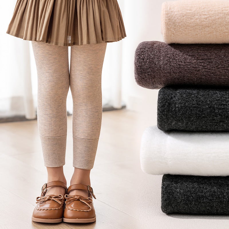 Girls' Winter Thickened Cropped Pants Korean Style Solid Color Thin Vertical Stripes Women'S Baby Plus Velvet Leggings Warm Outer Wear One-Piece Pants - Image 4
