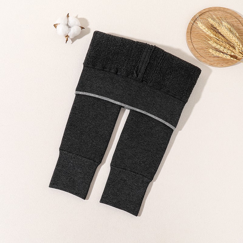 Girls' Winter Thickened Cropped Pants Korean Style Solid Color Thin Vertical Stripes Women'S Baby Plus Velvet Leggings Warm Outer Wear One-Piece Pants - Image 1