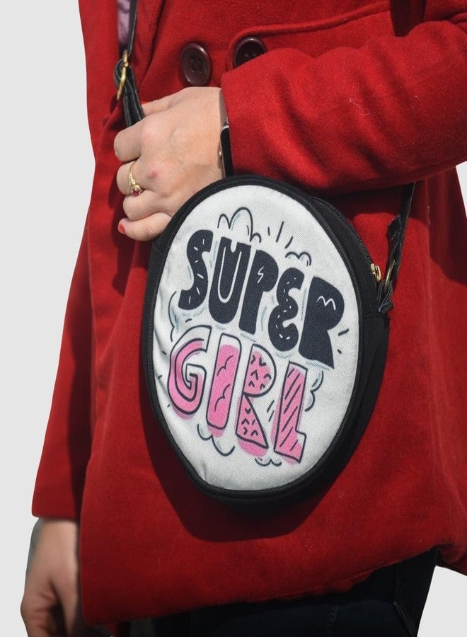Roundsun Printed Black Canvas Round Sling Bag | Main Zip Closure | Inner Pocket With Zip Closure | Adjustable Strap (Super Girl) - Image 3