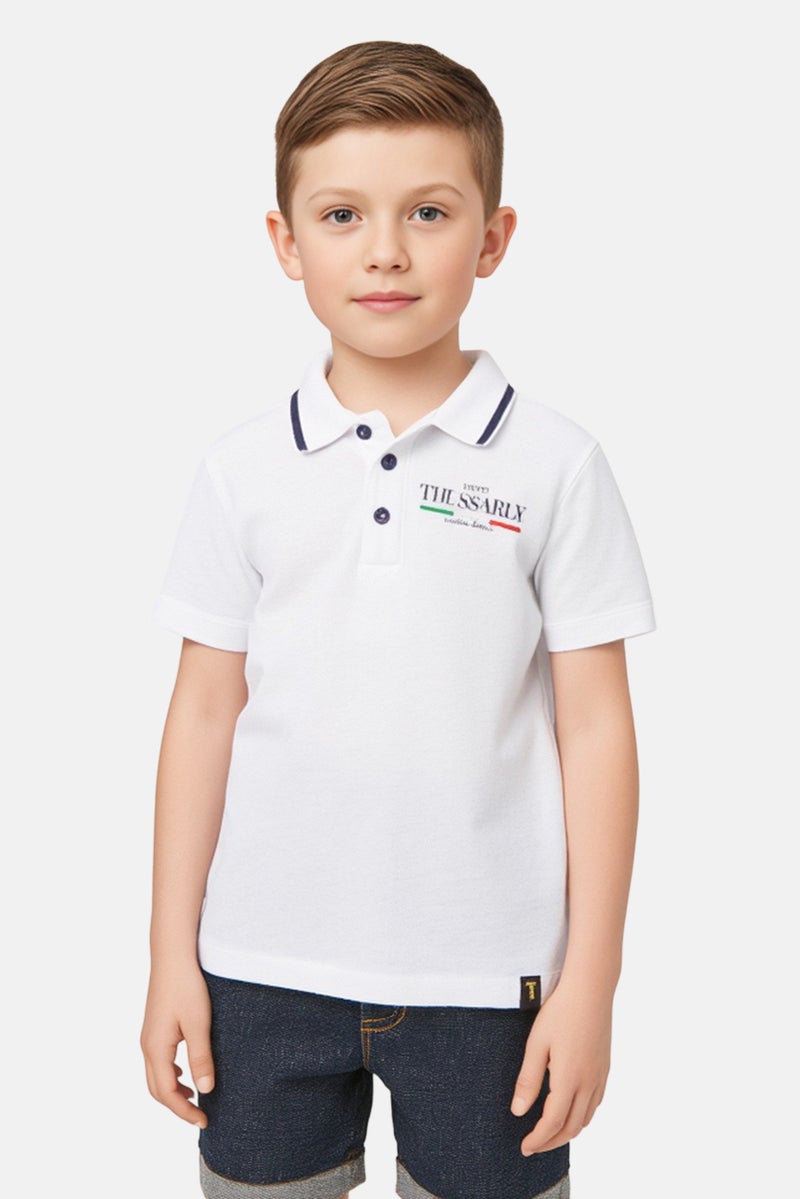 TRUSSARDI Toddlers Boy Embroidered Logo Short Sleeve  Polo Shirt, White - Image 1