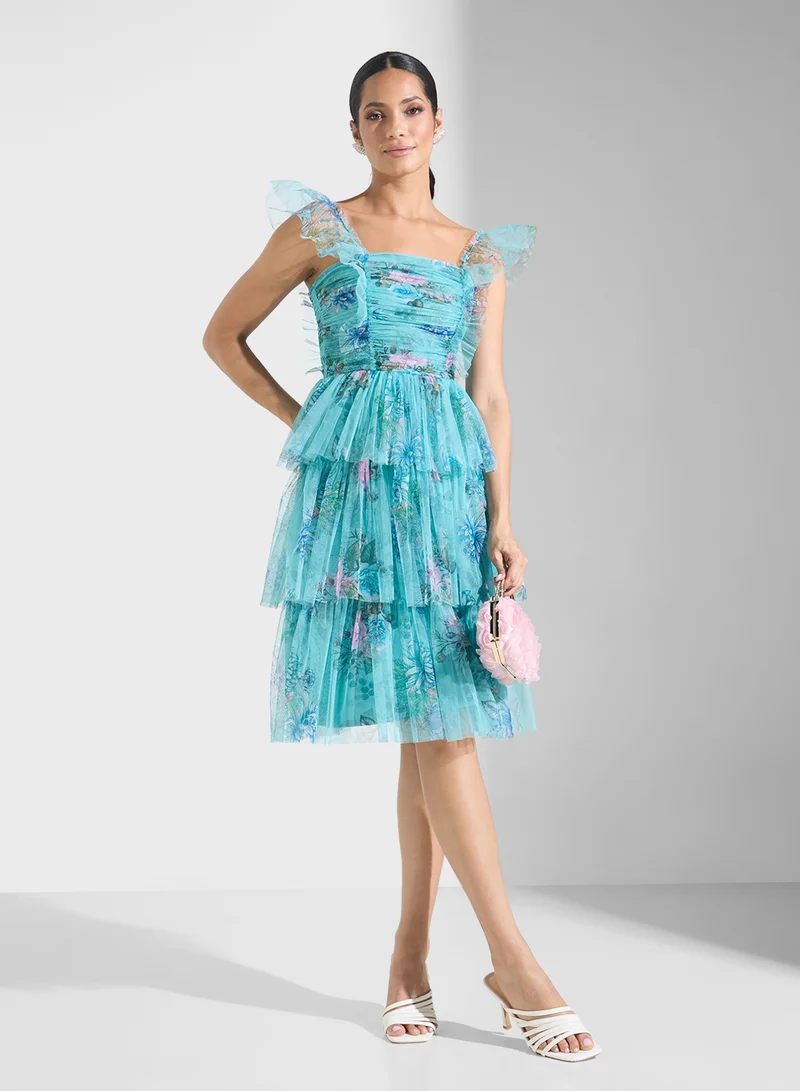 Lace and Beads Tiered Floral Dress
