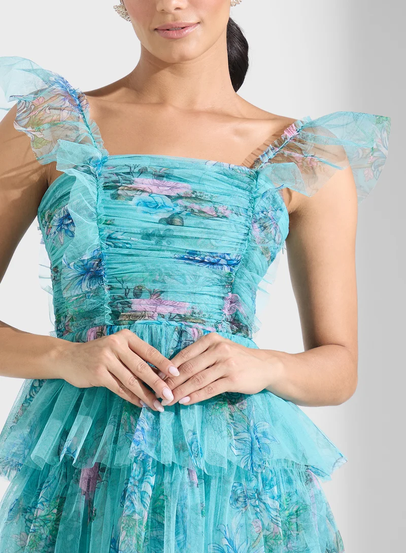 Lace and Beads Tiered Floral Dress