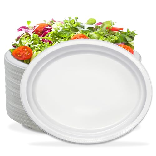 BONSINY 50 Count Disposable Plates for Graduation Party - Oval White Plastic Plates for Birthday, Picnic, BBQ, Patriotic Day, World Cup Supplies (10" x 12") - Image 1