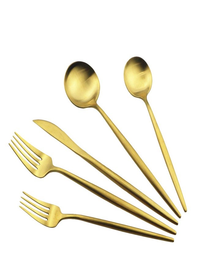 Gugrida Gold Flatware, Royal 5 Piece Luxury Matte Finish 18/10 Stainless Steel Tableware Sets for 1 Including Forks Spoons Knives, Camping Silverware Travel Utensils Set Cutlery (Gold) - Image 3