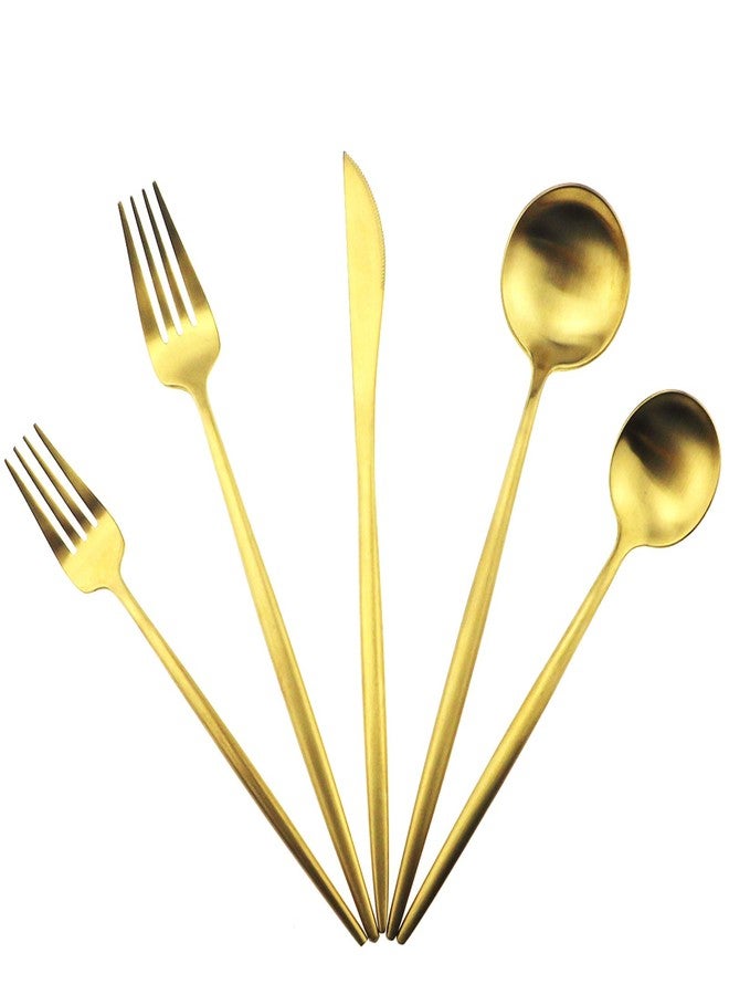 Gugrida Gold Flatware, Royal 5 Piece Luxury Matte Finish 18/10 Stainless Steel Tableware Sets for 1 Including Forks Spoons Knives, Camping Silverware Travel Utensils Set Cutlery (Gold) - Image 1