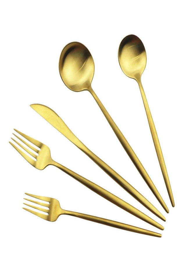 Gugrida Gold Flatware, Royal 5 Piece Luxury Matte Finish 18/10 Stainless Steel Tableware Sets for 1 Including Forks Spoons Knives, Camping Silverware Travel Utensils Set Cutlery (Gold) - Image 2
