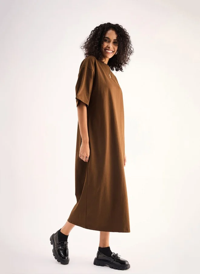 SASSAFRAS Brown Cotton Midi Dress for Women
