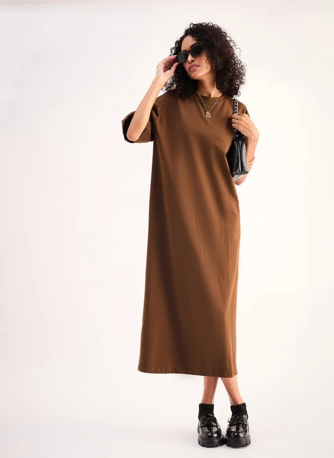 SASSAFRAS Brown Cotton Midi Dress for Women