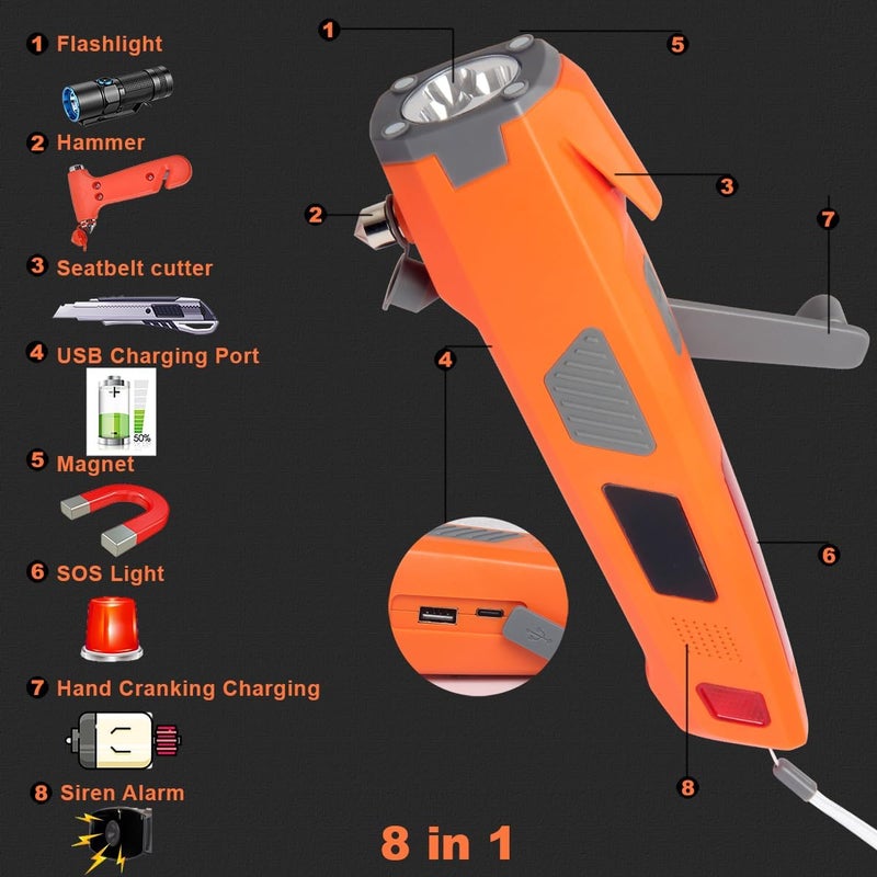 Luxon Emergency Tool 8-in-1 Car Safety Tool:Window Breaker,Seat Belt Cutter,LED Flashlight Rescue Tool USB Charger,SOS Light, Hand Cranking Charge, Magnetic for Vehicle Escape/Field Survival,Hiking - Image 2