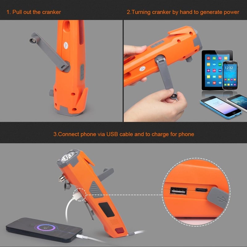 Luxon Emergency Tool 8-in-1 Car Safety Tool:Window Breaker,Seat Belt Cutter,LED Flashlight Rescue Tool USB Charger,SOS Light, Hand Cranking Charge, Magnetic for Vehicle Escape/Field Survival,Hiking - Image 4