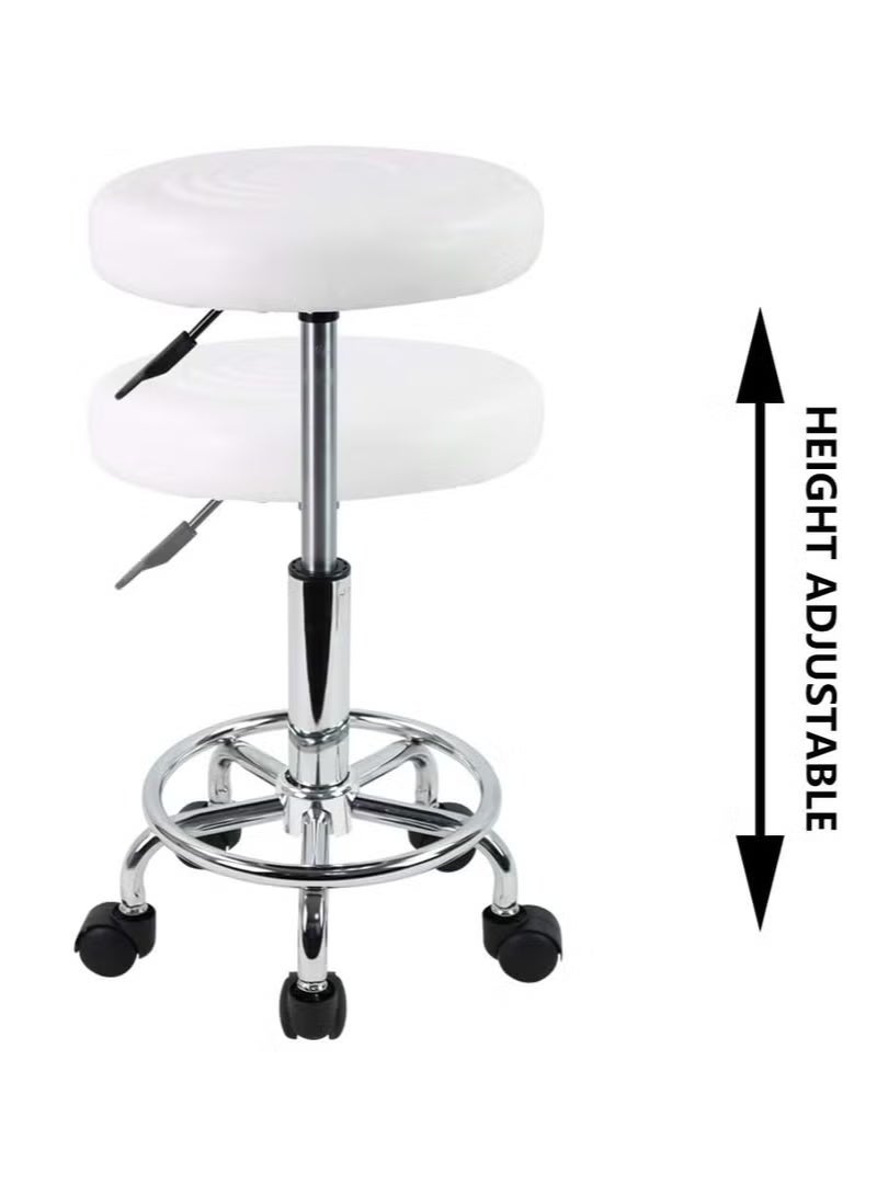 Round Swivel Stool with Adjustable Height, PU Leather Seat, Footrest and 360° Rotation, Rolling Task Chair for Salon, Beauty Spa, Tattoo Studio, Massage and Office, White - Image 2