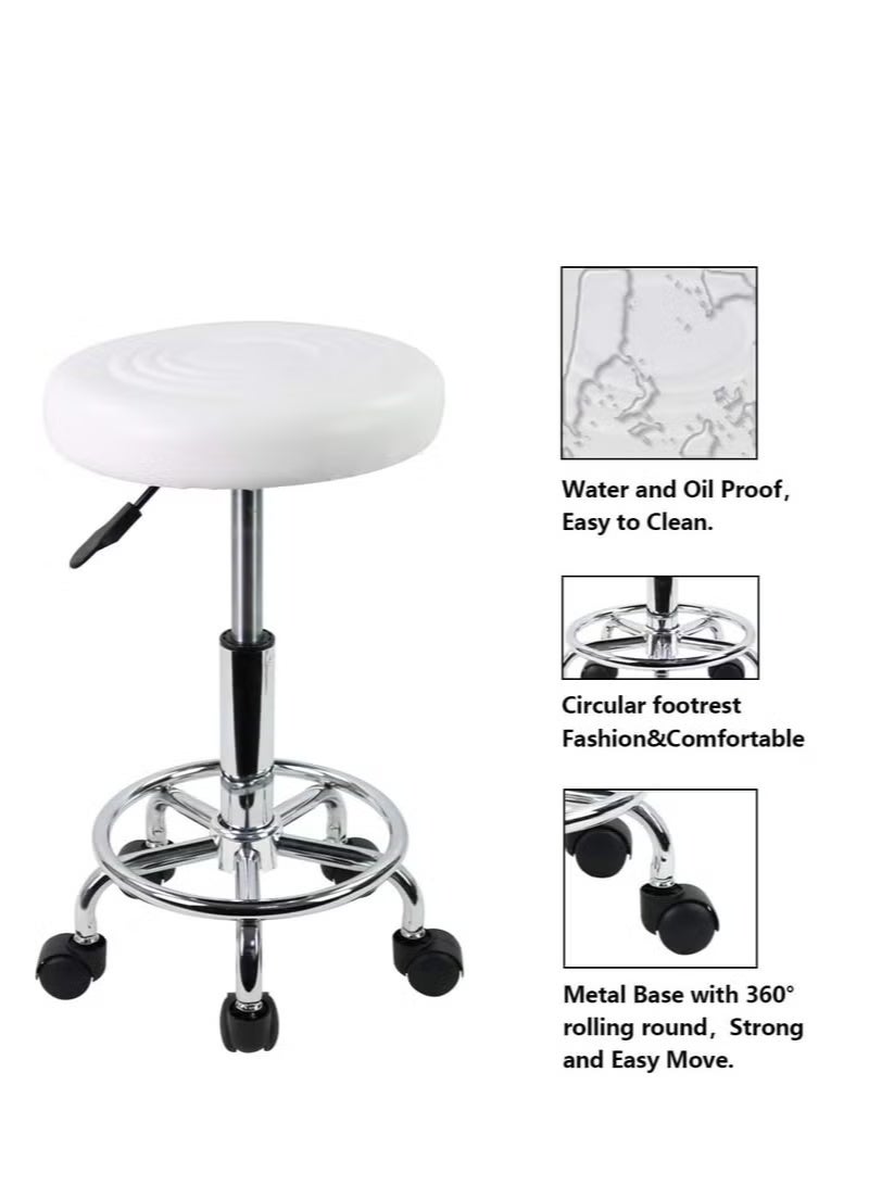 Round Swivel Stool with Adjustable Height, PU Leather Seat, Footrest and 360° Rotation, Rolling Task Chair for Salon, Beauty Spa, Tattoo Studio, Massage and Office, White - Image 1