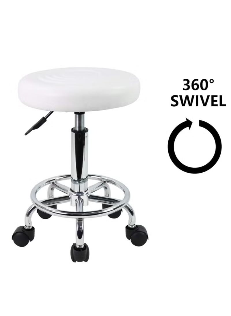 Round Swivel Stool with Adjustable Height, PU Leather Seat, Footrest and 360° Rotation, Rolling Task Chair for Salon, Beauty Spa, Tattoo Studio, Massage and Office, White - Image 4