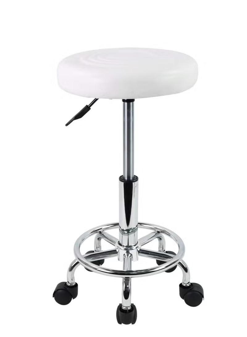 Round Swivel Stool with Adjustable Height, PU Leather Seat, Footrest and 360° Rotation, Rolling Task Chair for Salon, Beauty Spa, Tattoo Studio, Massage and Office, White - Image 5