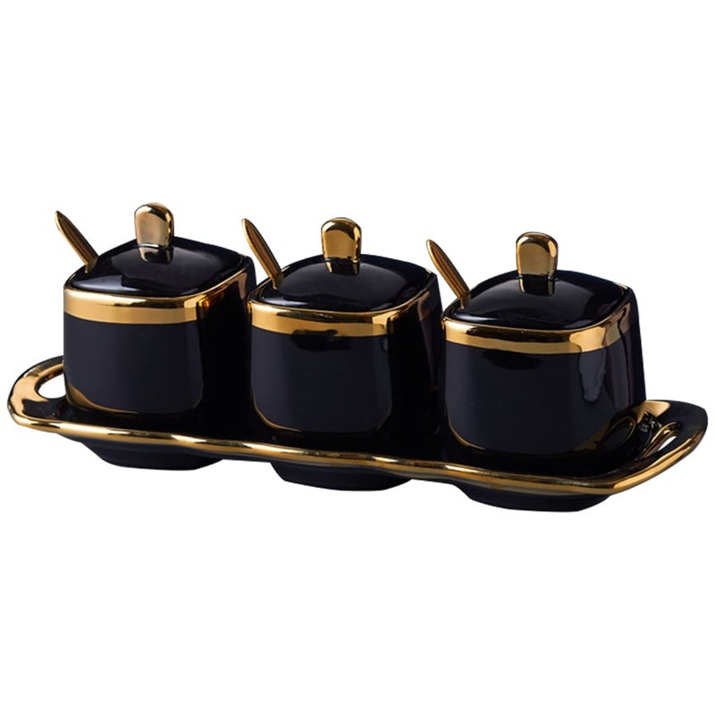 Fvstar Black Sugar Bowl with Lid and SpoonCeramic Condiment Jars Spice Container with TraySugar and Salt BowlsGold Condiment Containers Pots Seasoning Box Set of 3 for Kitchen Coffee Bar
