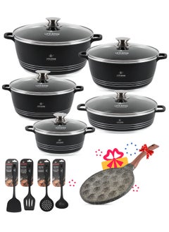 Non Stick Cookware Sets - Kitchen Cooking Set Pots and Pans 15-Piece Ceramic Cookware Set Include 20/24/28/32cm Stock Pots, 28cm Shallow Pot, Speciality Pan and Silicone Utensils (Black)