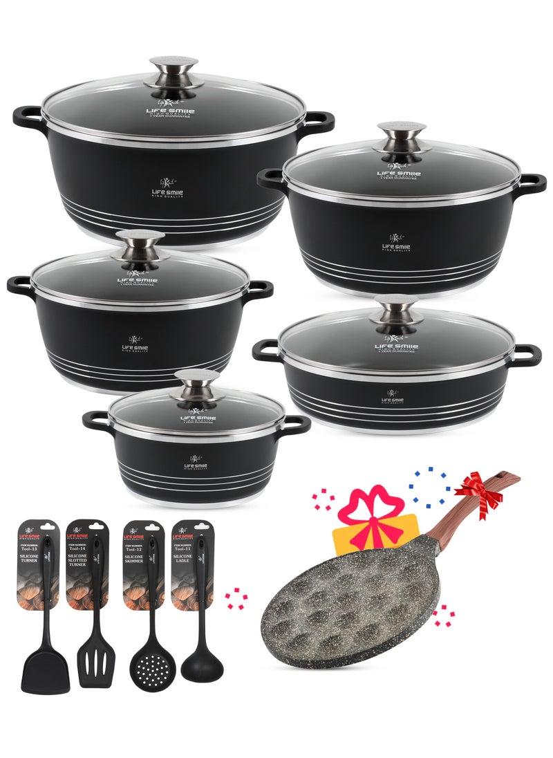 Life Smile - Non Stick Cookware Sets - Kitchen Cooking Set Pots and Pans 15-Piece Ceramic Cookware Set Include 20/24/28/32cm Stock Pots, 28cm Shallow Pot, Speciality Pan and Silicone Utensils (Black) - Image 1