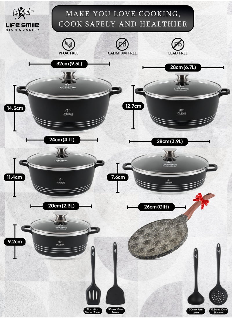 Life Smile - Non Stick Cookware Sets - Kitchen Cooking Set Pots and Pans 15-Piece Ceramic Cookware Set Include 20/24/28/32cm Stock Pots, 28cm Shallow Pot, Speciality Pan and Silicone Utensils (Black) - Image 1