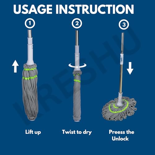 KRESHU Twist Mop Easy Self Wringing String Mop Microfiber Handle Dust Removal Wet & Quick Dry Floor Cleaning Mop Adjustable Height Super Absorbent Rotating Hands Free Mop (Pack of 1) - Image 5