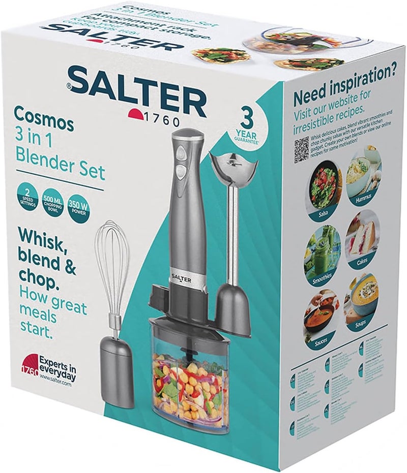 Salter Cosmos 3-in-1 Hand Blender – Whisk, Blender & Chop, Food Processor, Vegetable Chopper, Stainless Steel Blades, 500ml Chopping Bowl, Whisk & Blender Attachments, 2 Speeds, 350W, EK2827GUNMETAL - Image 1