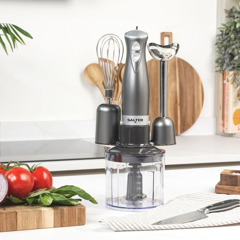 Salter Cosmos 3-in-1 Hand Blender – Whisk, Blender & Chop, Food Processor, Vegetable Chopper, Stainless Steel Blades, 500ml Chopping Bowl, Whisk & Blender Attachments, 2 Speeds, 350W, EK2827GUNMETAL - Image 2