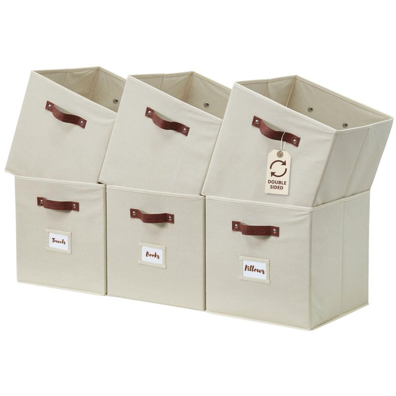 DECOMOMO Storage Bins Cube Storage Bin with Labels Fabric Storage Cubes for Shelves 105 x 11  6pcs Beige