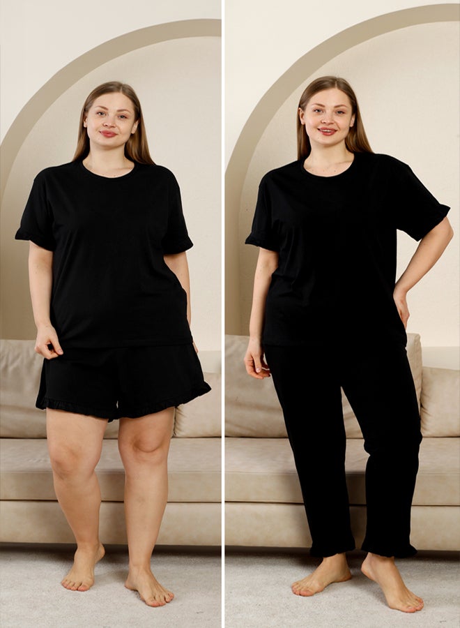 trendyol Set of 3 Black Crew Neck and Ruffle Detail Pajamas - Image 1