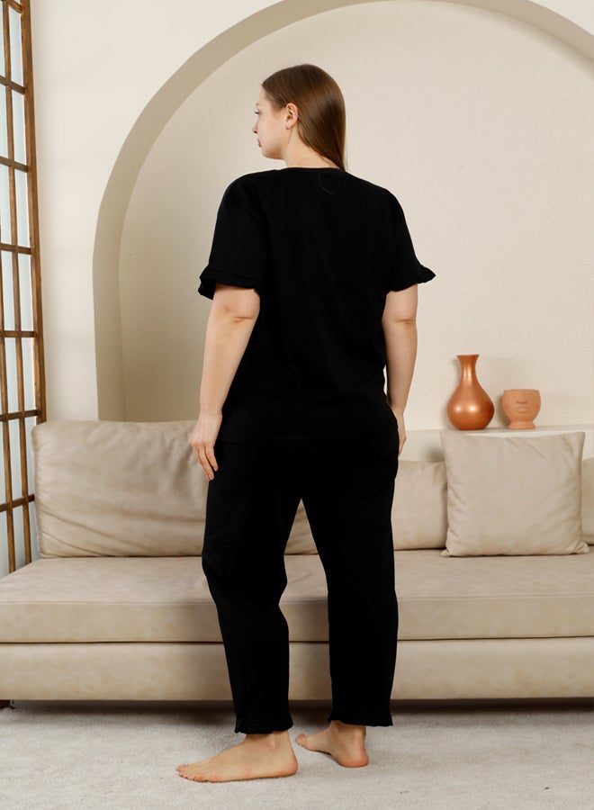 trendyol Set of 3 Black Crew Neck and Ruffle Detail Pajamas - Image 5