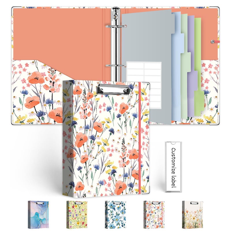 KLLVE Mini Binder Organizerï¼Œ1 Inch 3 Ring Binder with Clipboard, 5-Tabs Pockets Dividers, Plastic Folder, 18 Divider Stikers, Pen Loop (Flora, 5.5" x 8.5") - Image 1