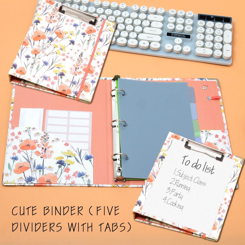 KLLVE Mini Binder Organizerï¼Œ1 Inch 3 Ring Binder with Clipboard, 5-Tabs Pockets Dividers, Plastic Folder, 18 Divider Stikers, Pen Loop (Flora, 5.5" x 8.5") - Image 2