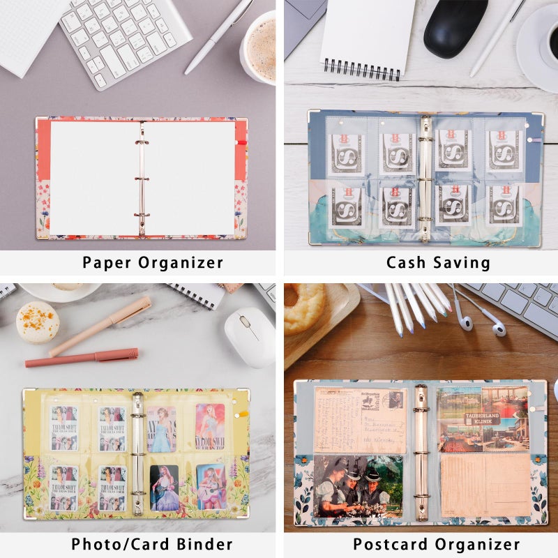 KLLVE Mini Binder Organizerï¼Œ1 Inch 3 Ring Binder with Clipboard, 5-Tabs Pockets Dividers, Plastic Folder, 18 Divider Stikers, Pen Loop (Flora, 5.5" x 8.5") - Image 5