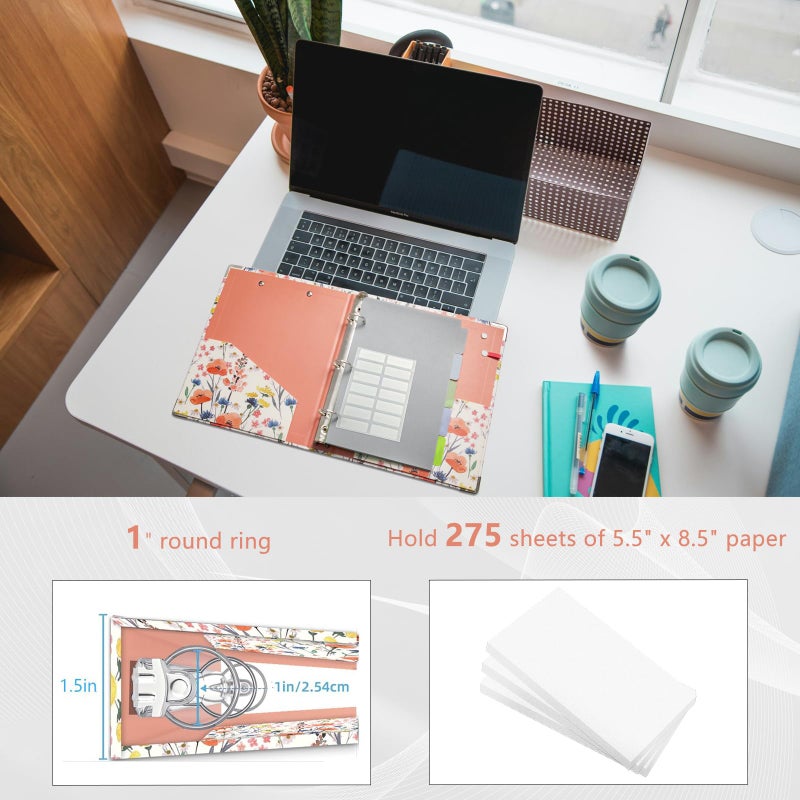 KLLVE Mini Binder Organizerï¼Œ1 Inch 3 Ring Binder with Clipboard, 5-Tabs Pockets Dividers, Plastic Folder, 18 Divider Stikers, Pen Loop (Flora, 5.5" x 8.5") - Image 3