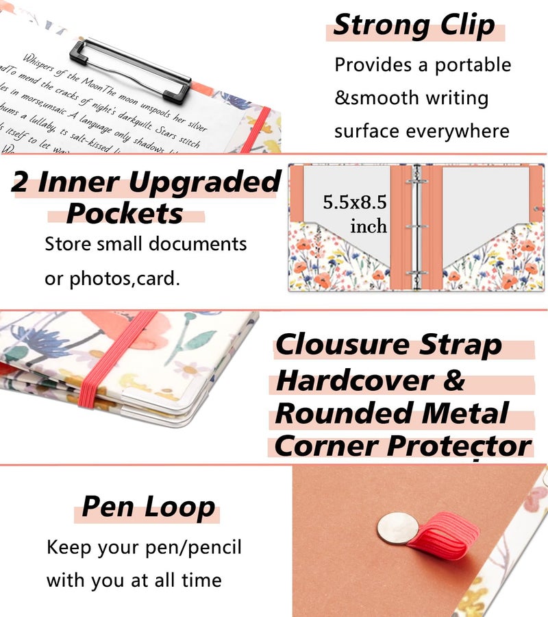 KLLVE Mini Binder Organizerï¼Œ1 Inch 3 Ring Binder with Clipboard, 5-Tabs Pockets Dividers, Plastic Folder, 18 Divider Stikers, Pen Loop (Flora, 5.5" x 8.5") - Image 4