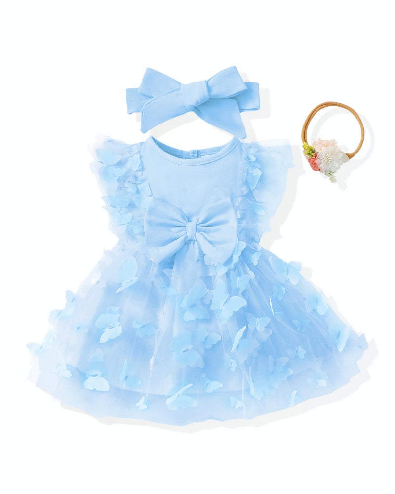 Renotemy Infant Baby Girl Tulle Tutu Dress Blue Butterfly Sleeveless Boho Fairy Baptism Princess Wedding Birthday Party Dresses for Baby Girls with Flower Headband 612 Months - Image 2
