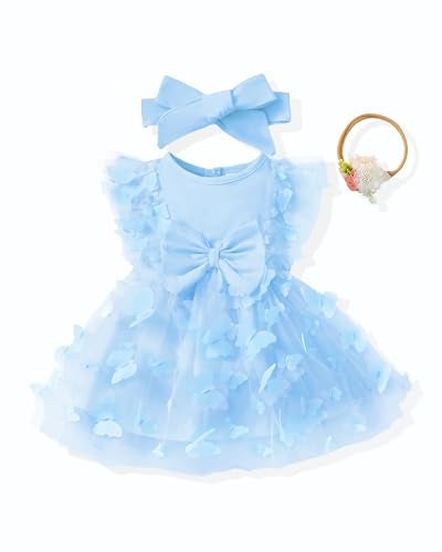 Renotemy Infant Baby Girl Tulle Tutu Dress Blue Butterfly Sleeveless Boho Fairy Baptism Princess Wedding Birthday Party Dresses for Baby Girls with Flower Headband 612 Months - Image 1