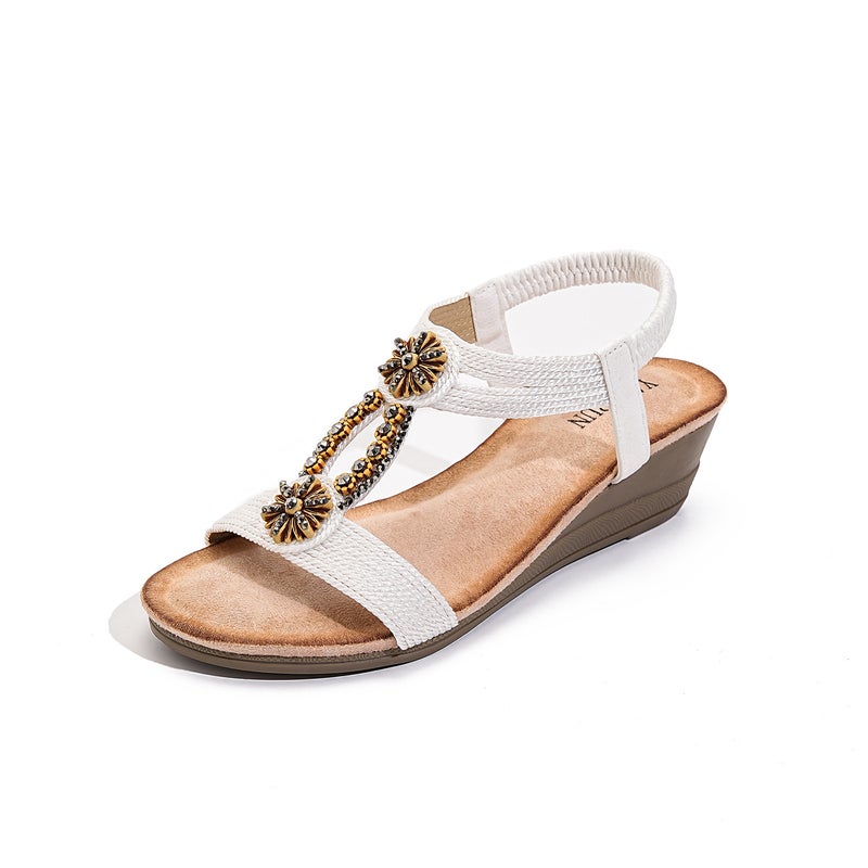 255-3 New Model 2025 Ethnic Style Bohemian Retro Wooden Buckle Elastic Band Rhinestone Wedge Heel - Image 3
