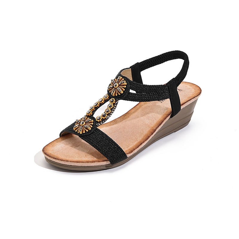 255-3 New Model 2025 Ethnic Style Bohemian Retro Wooden Buckle Elastic Band Rhinestone Wedge Heel - Image 2