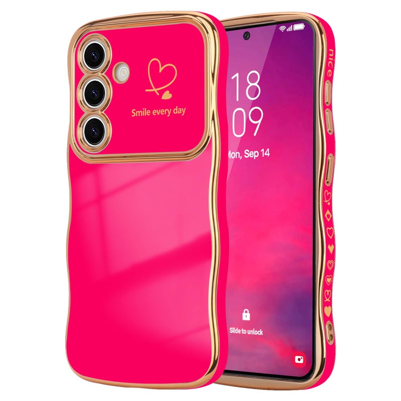 LCHULLE for Samsung Galaxy S25 Plus Case for Women Girls Cute Wave Frame Curly Shape with Love Heart Camera Protection Cover Luxury Plating Shockproof Phone Case for Galaxy S25 Plus 5G Hot Pink - Image 3