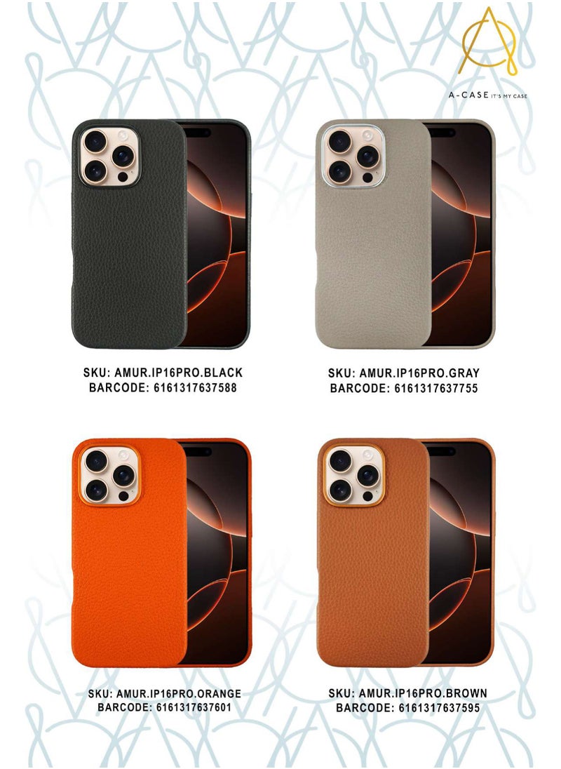 A-CASE - A-Case It's My Case AMUR Series, Genuine Leather Magnetic Case, MagSafe Compatible, Slim Fit & Camera Protection, for iPhone 16 Pro – Orange - Image 1