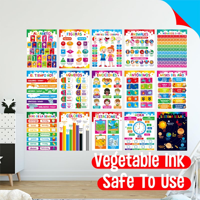 SpriteGru 15 Packs Spanish & English Educational Posters, Thick Elementary Bilingual Poster Waterproof & Tearproof with PET Film, Early Language Learning Tool Educational Posters for Kindergarten Preschool - Image 5